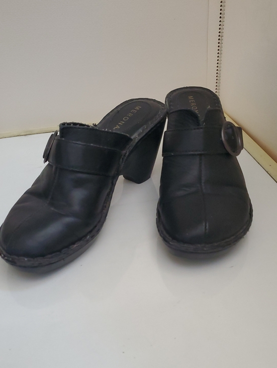 Merona Shoes - Black Leather High Heel Clogs with Buckle